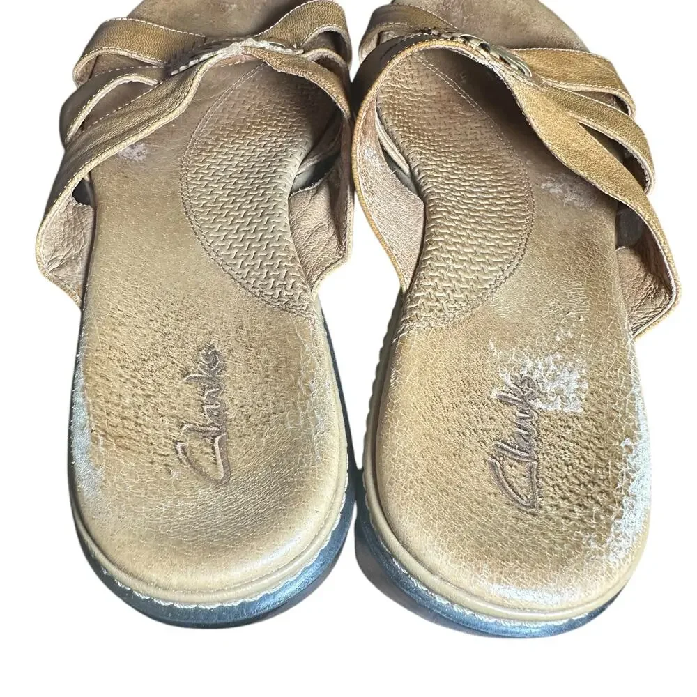 Clarks Women's Leather Sandals 7.5 Comfortable Cross-Strap Sandals with Flower